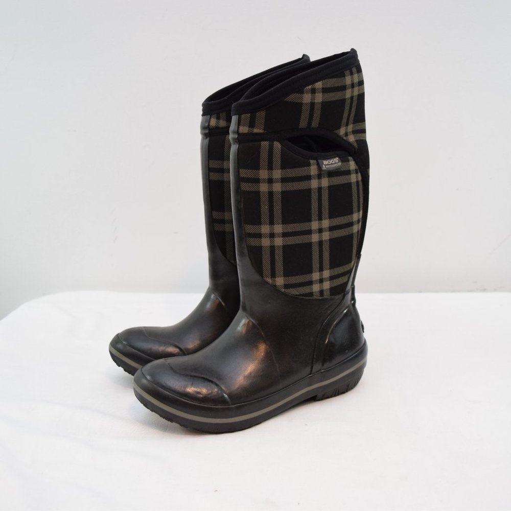 Bogs Tall Plaid Womens Boots 7 Black Gray Pull On
